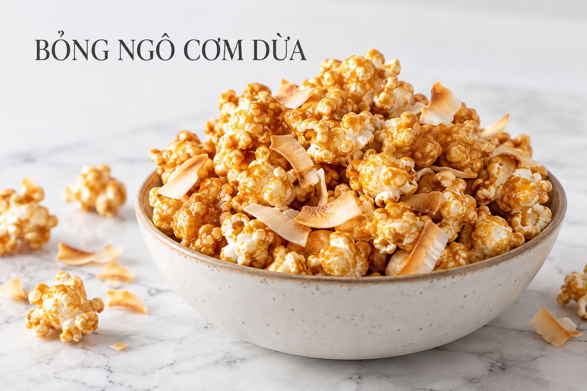 Bỏng ngô đường nâu với cơm dừa nướng