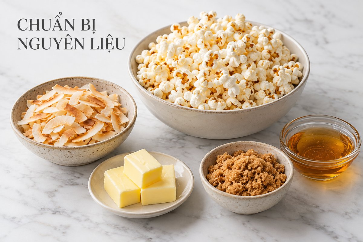 Nguyên liệu bỏng ngô, dừa, bơ và đường nâu