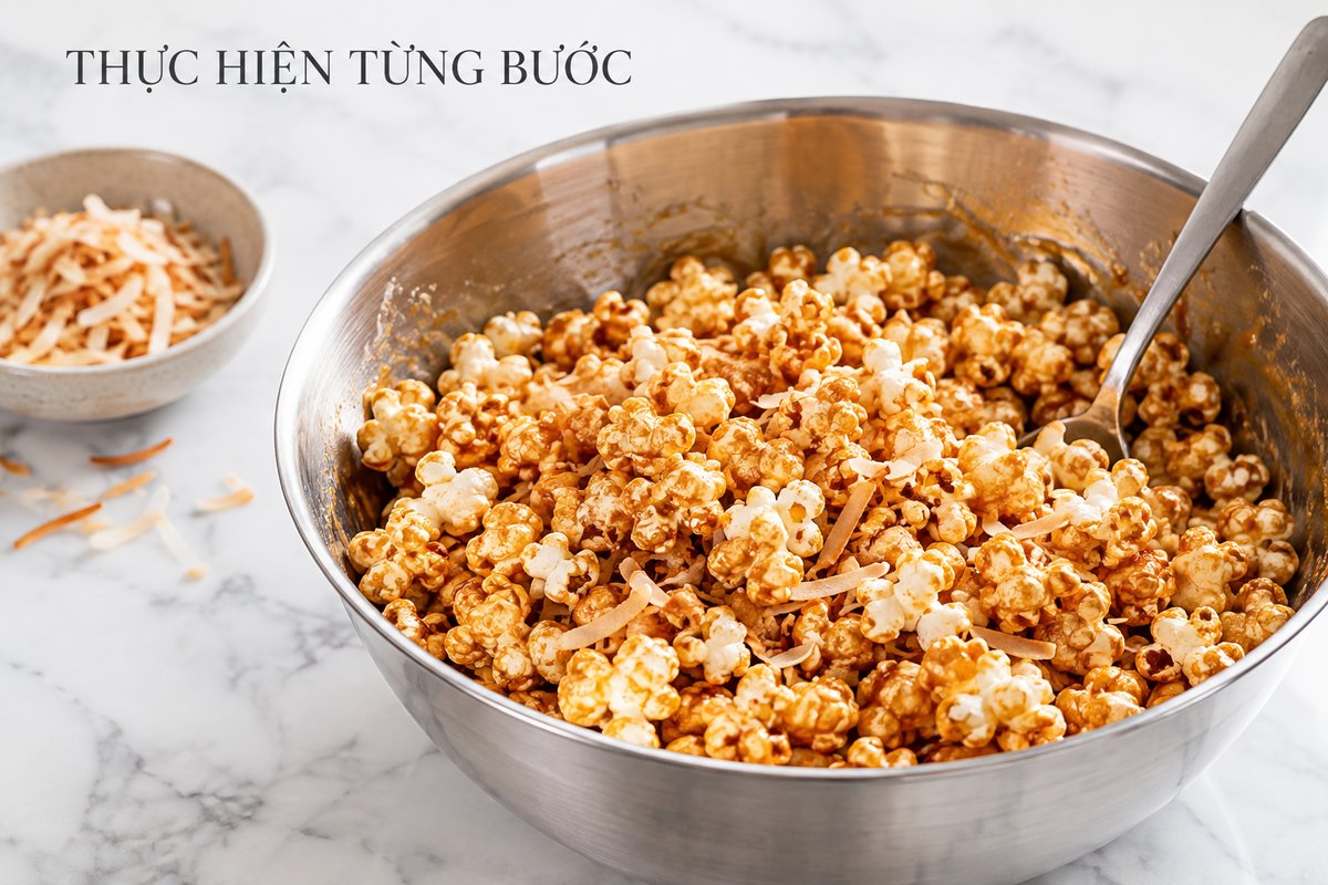 Bỏng ngô và dừa trộn với lớp phủ đường nâu