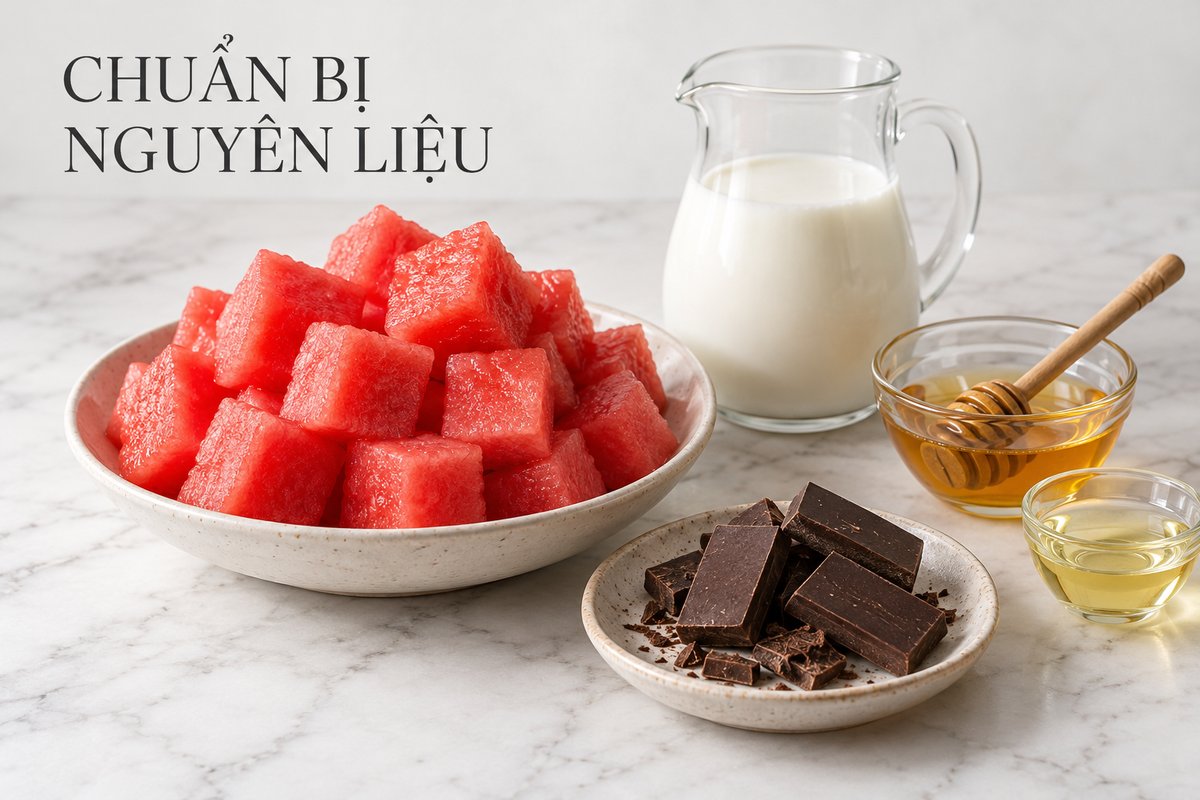 Dưa hấu, sữa, mật ong và nguyên liệu phần phủ