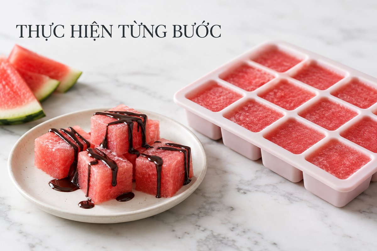 Hỗn hợp dưa hấu trong khay và viên dưa hấu phủ sô cô la