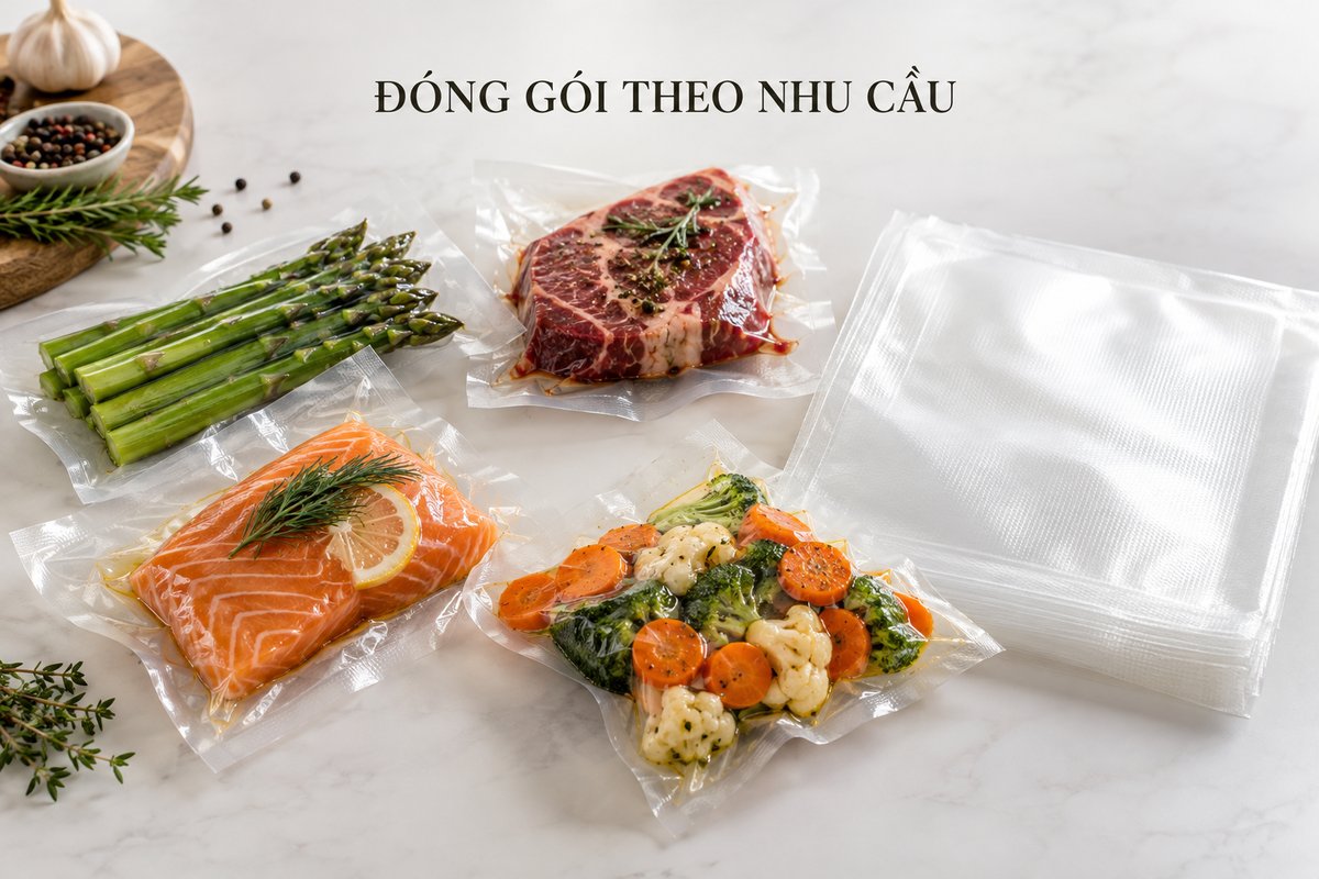 Các cỡ gói thực phẩm trên bàn chuẩn bị