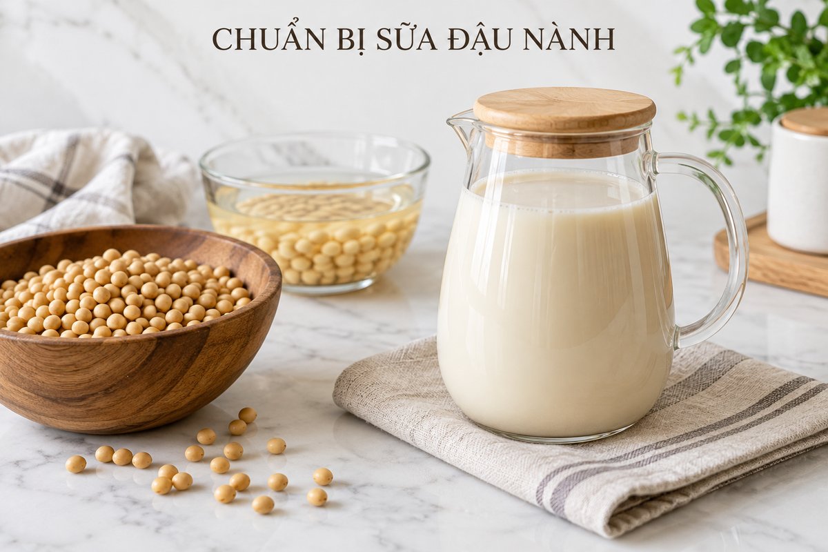 Đậu nành và bình sữa đậu nành đã nấu