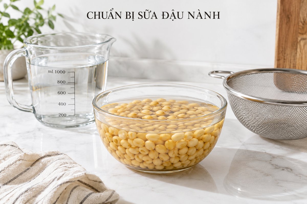Đậu ngâm với nước đong và dụng cụ lọc