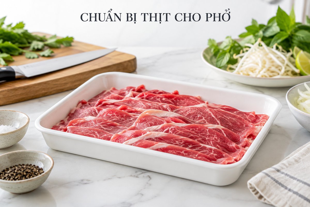Lát thịt bò sống mỏng trong khay
