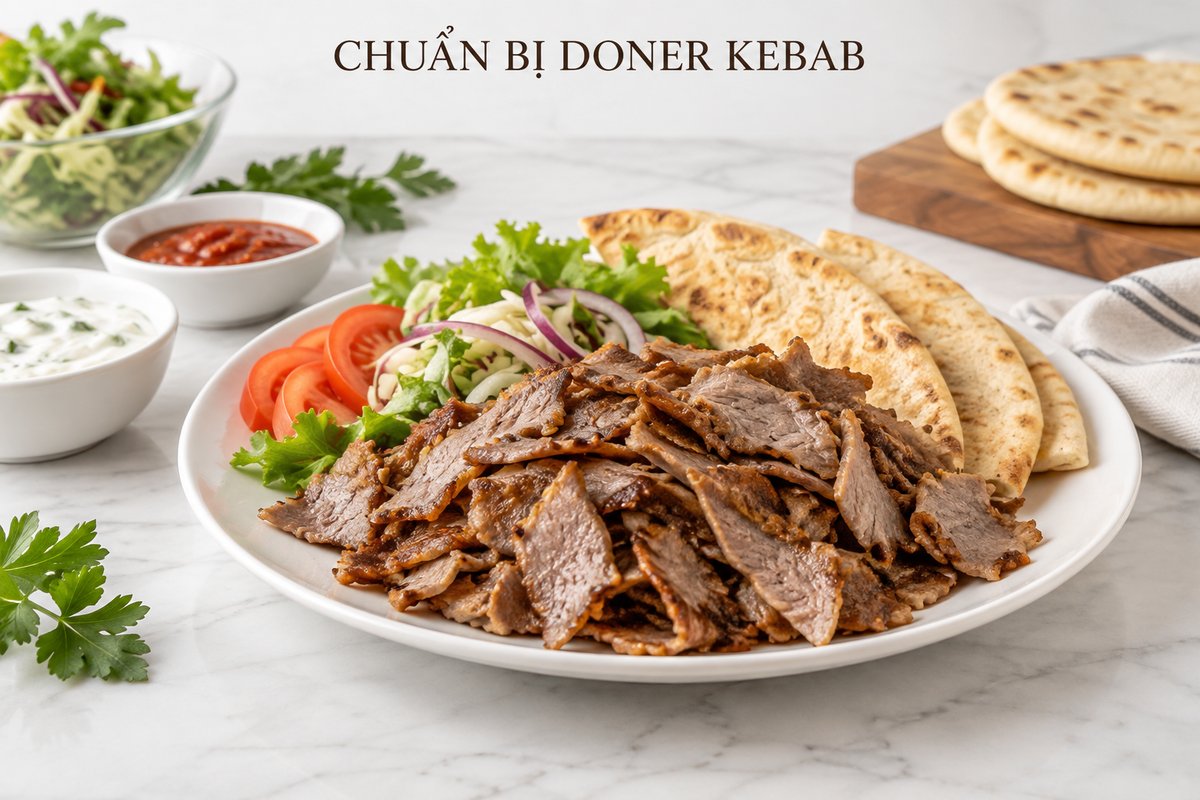 Thịt kebab đã nấu với bánh mì dẹt