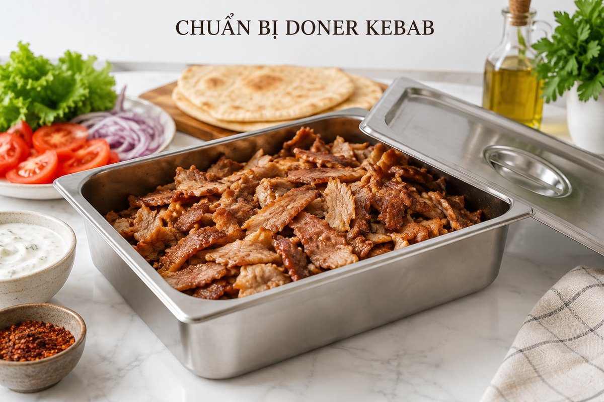 Thịt kebab chín trong hộp inox
