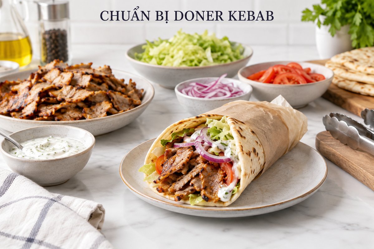 Bánh cuốn doner kebab với dụng cụ sạch
