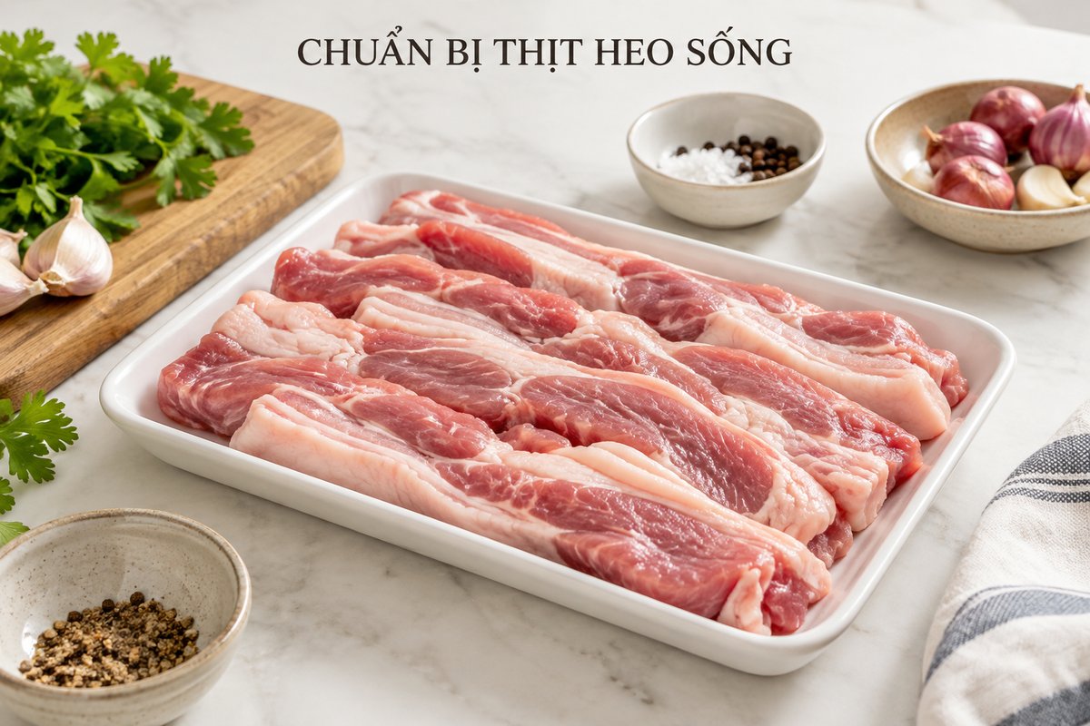 Thịt heo sống thái sợi trên khay riêng