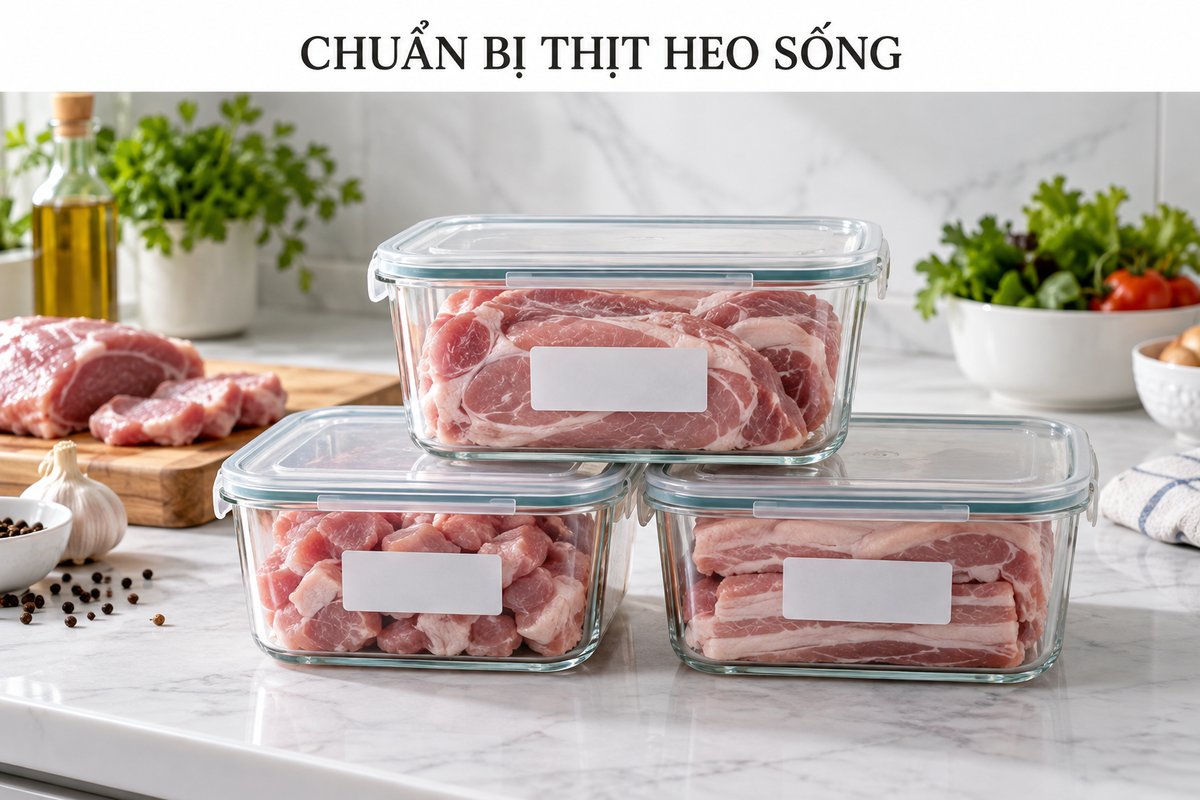 Hộp thịt heo sống và nhãn ngày