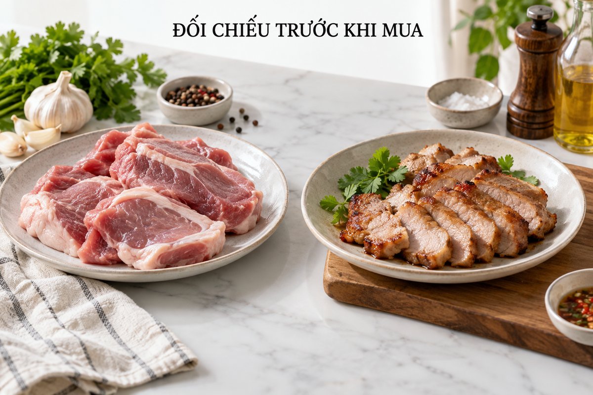 Mẫu thịt sống và thịt chín tách riêng