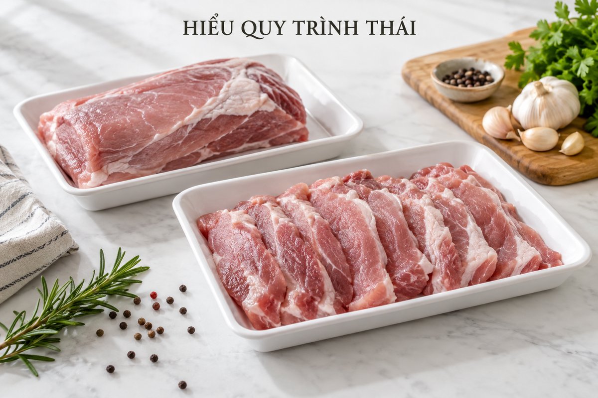 Phần thịt sống và lát thái ở hai khay