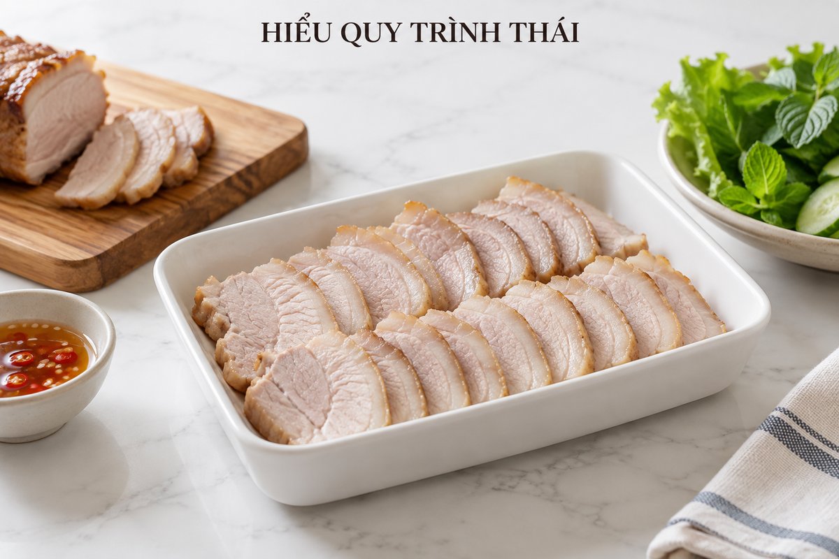 Thịt heo chín thái đều trong hộp