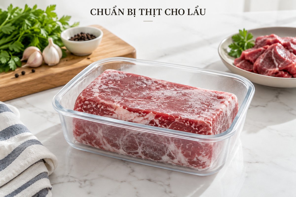 Khối bò không xương trong hộp ngăn đông