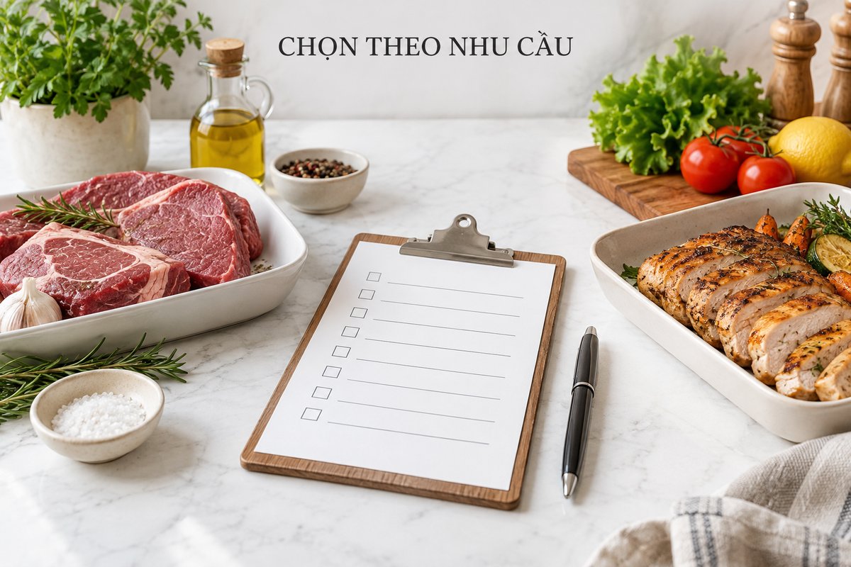 Sổ chọn thiết bị và mẫu thịt sống chín tách riêng