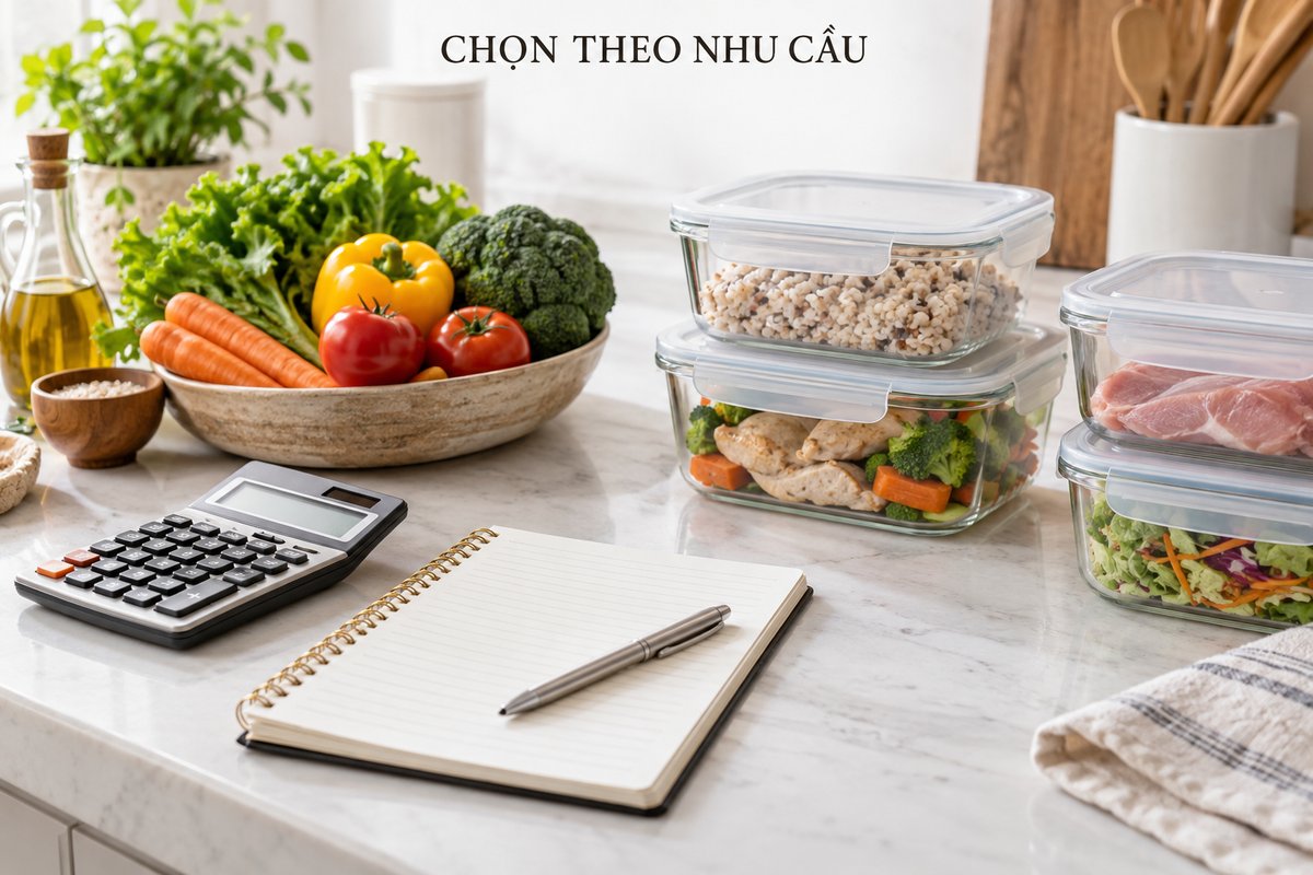 Máy tính sổ dự toán và hộp thực phẩm