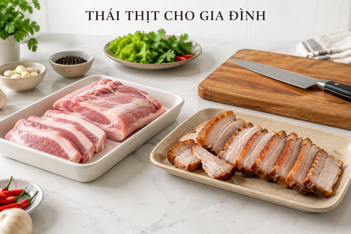 Khẩu phần thịt sống và heo quay chín tách riêng