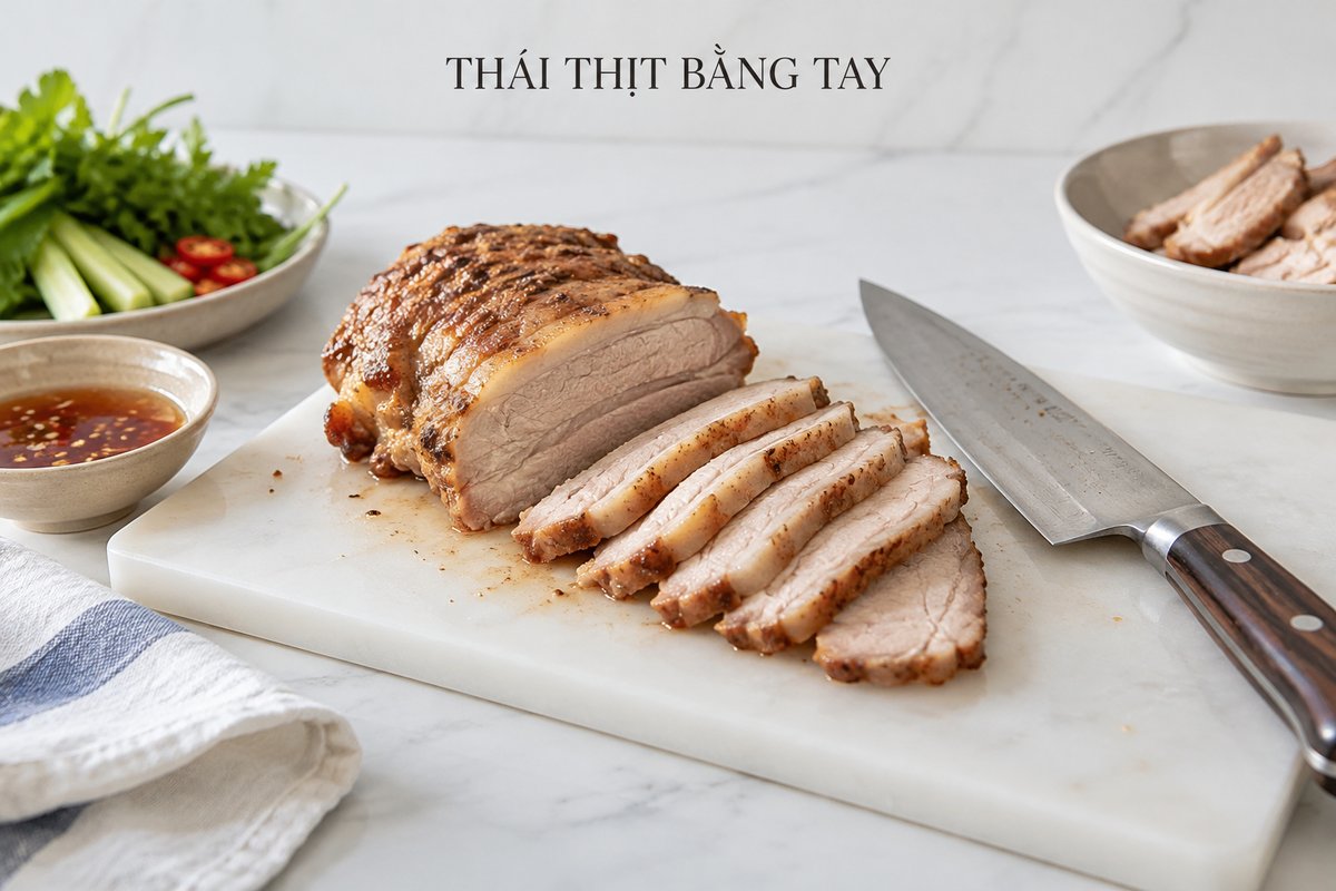 Thịt heo chín thái trên thớt và dao đặt nằm an toàn