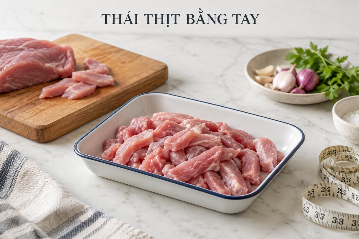 Phần thịt nhỏ trong khay với thước đo