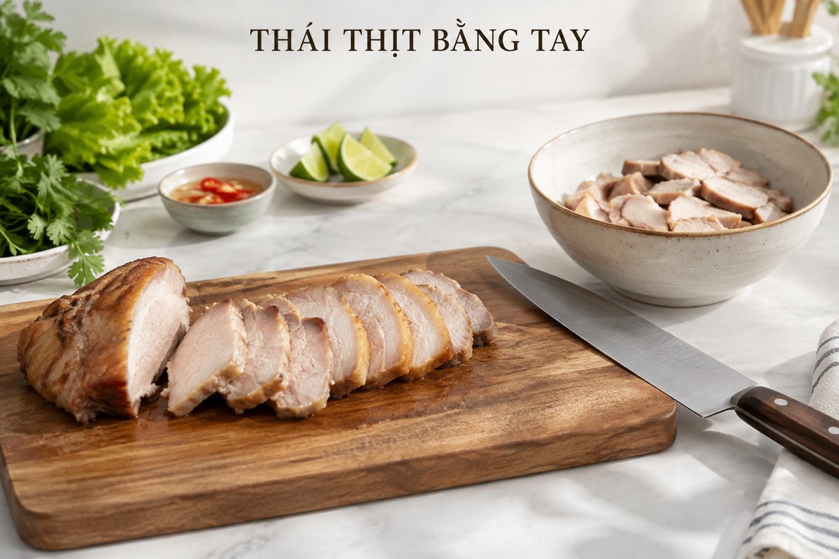Thịt heo chín trên thớt và dao đặt nằm an toàn