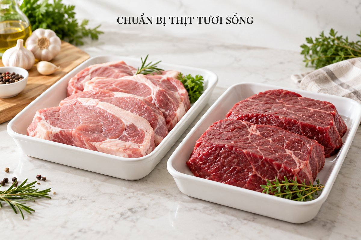 Thịt heo và thịt bò sống không xương ở khay riêng