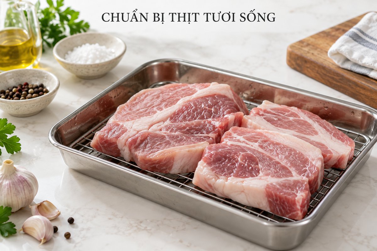 Thịt heo thái đã để ráo nước bề mặt