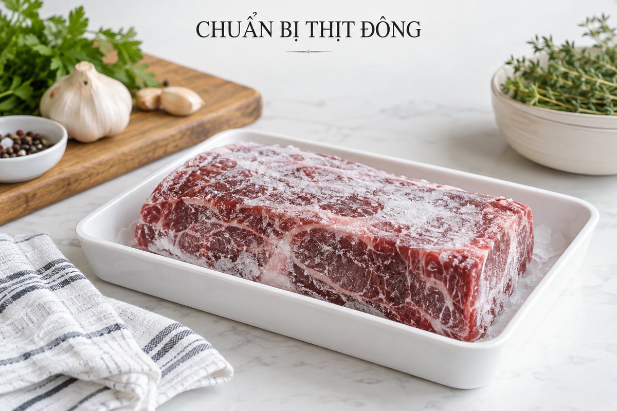 Khối bò đông trong khay ngăn đông