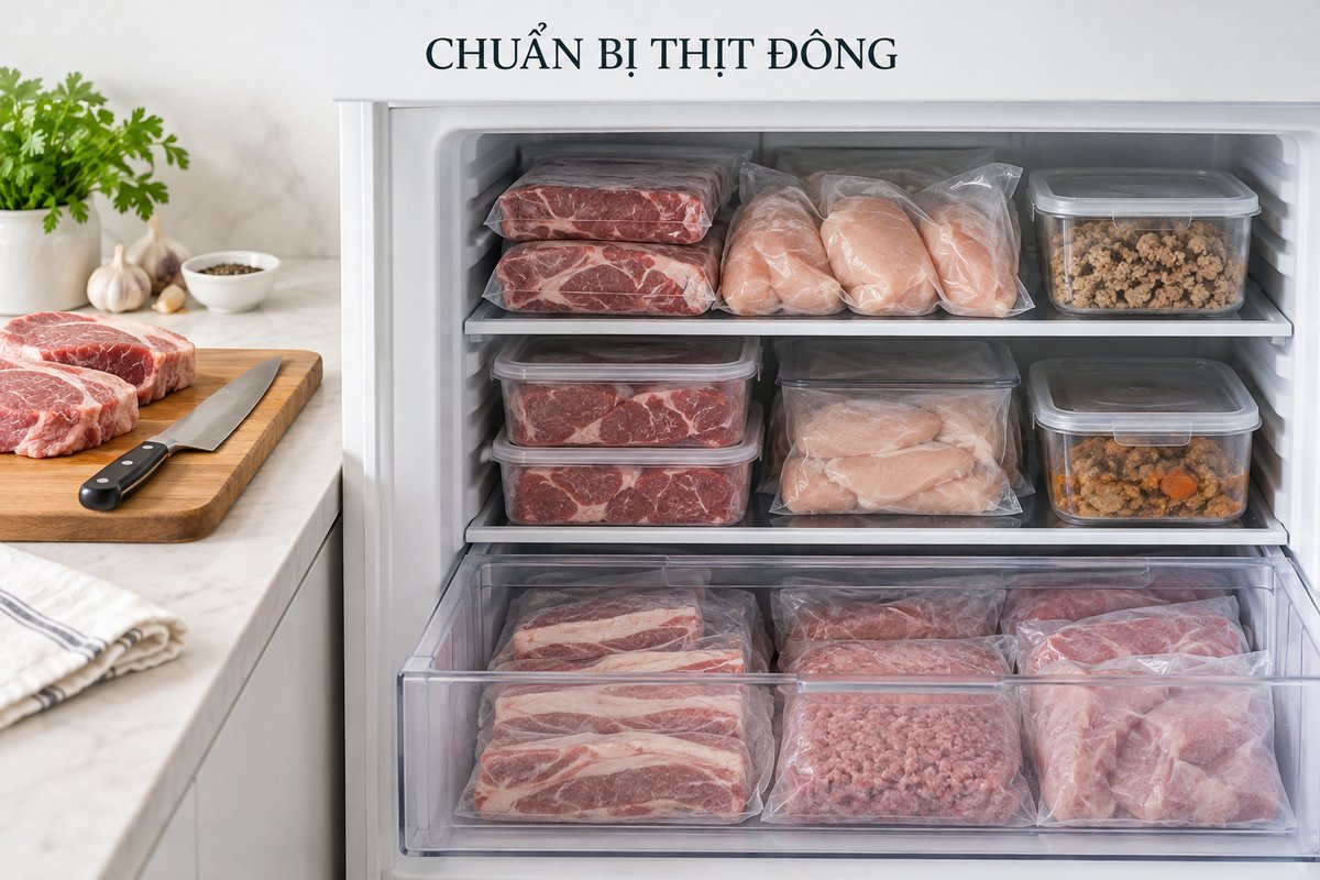 Gói thịt xếp trong ngăn đông