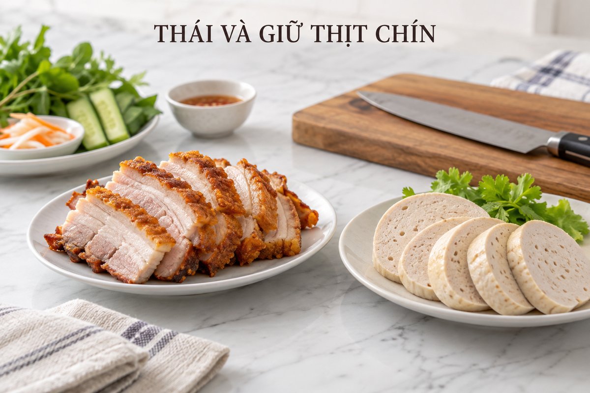 Thịt heo quay và giò lụa chín trên đĩa riêng