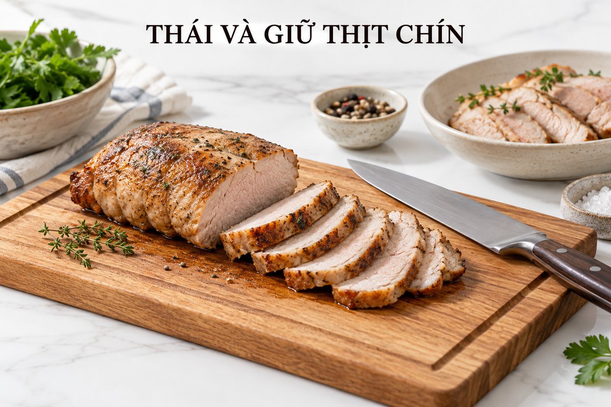 Thịt heo đã nấu trên thớt sạch