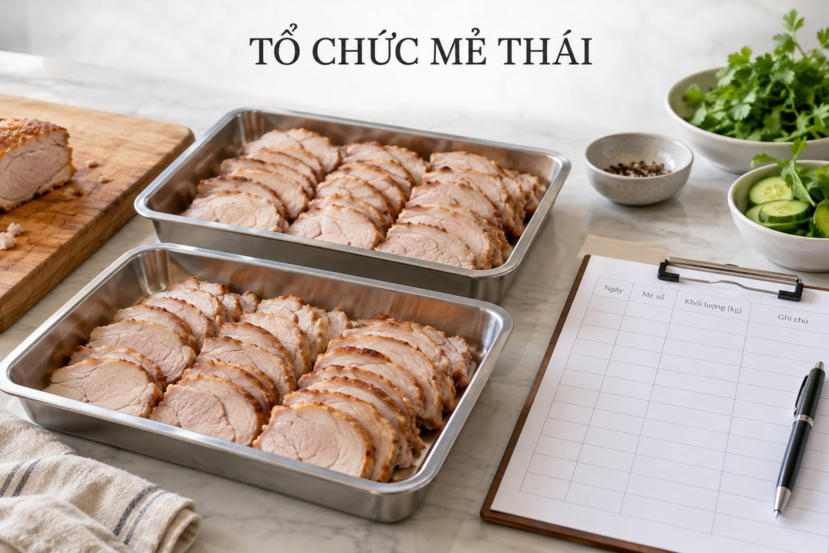 Khay thịt heo chín thái và sổ theo dõi mẻ
