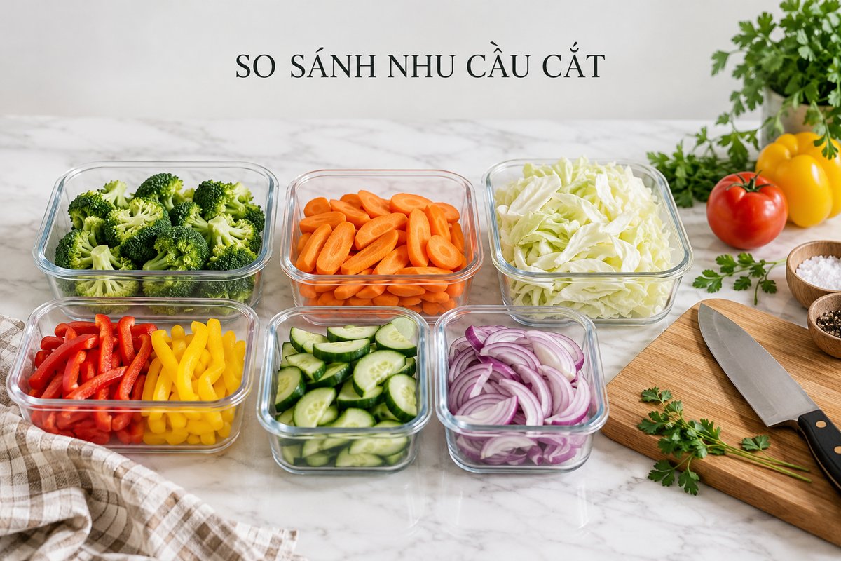 Rau củ nhiều kiểu cắt trong hộp riêng