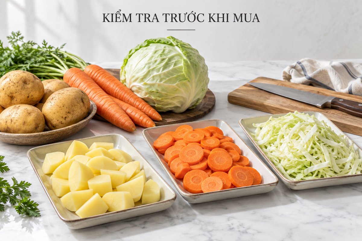 Khoai tây, cà rốt và bắp cải trước và sau cắt