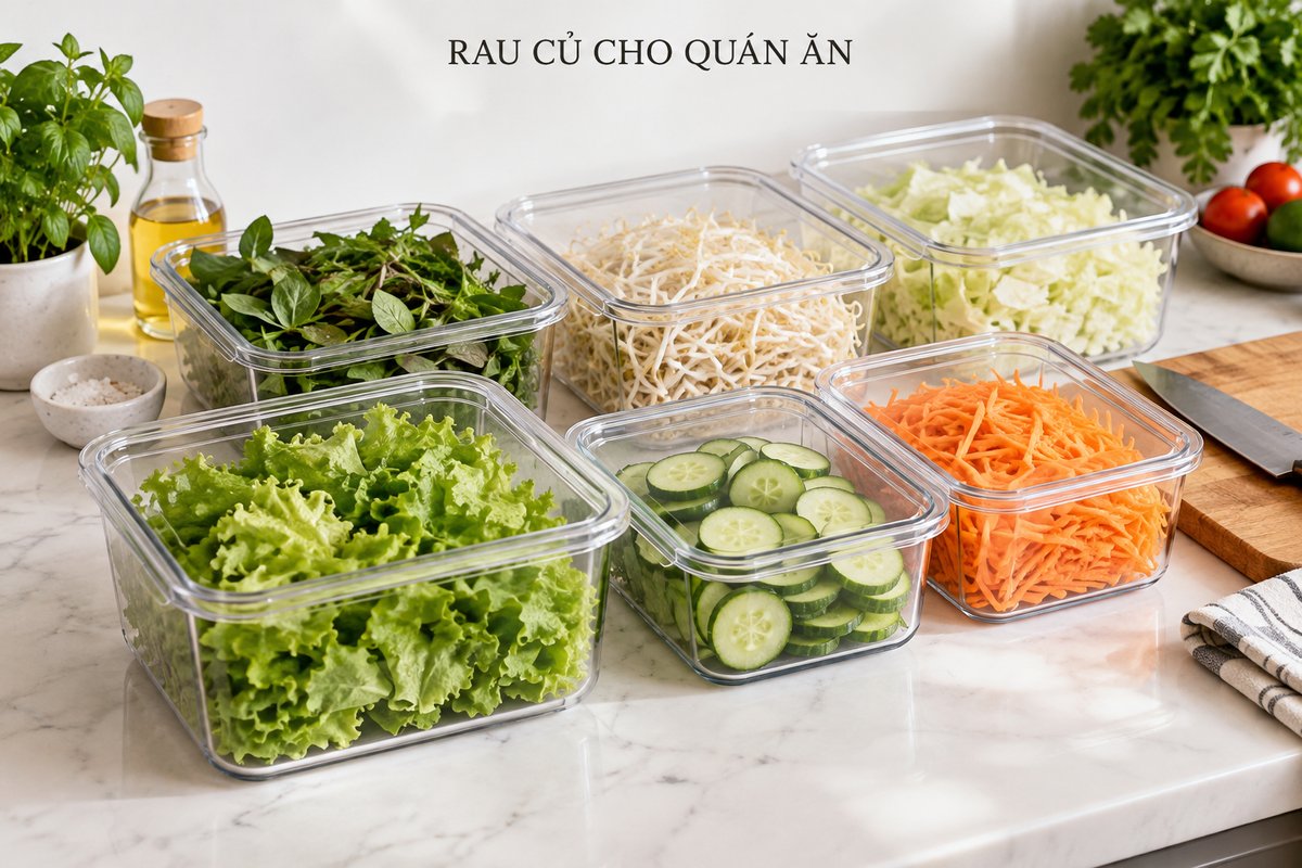 Hộp rau đã sơ chế ở khu chuẩn bị quán ăn