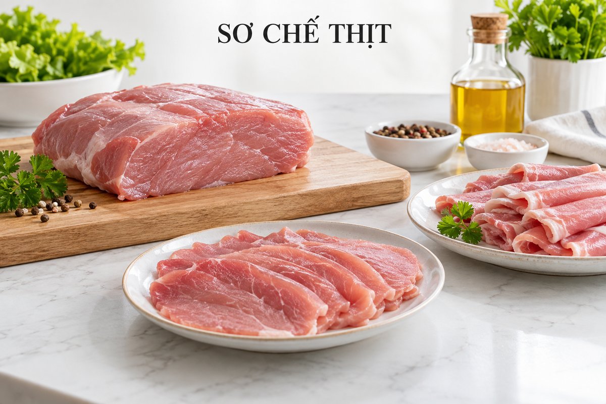 Nguyên liệu thịt và các lát cắt trong khay riêng