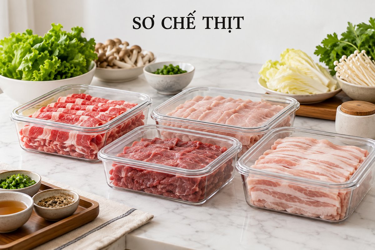 Khay thịt đã sơ chế chuẩn bị cho bếp ăn