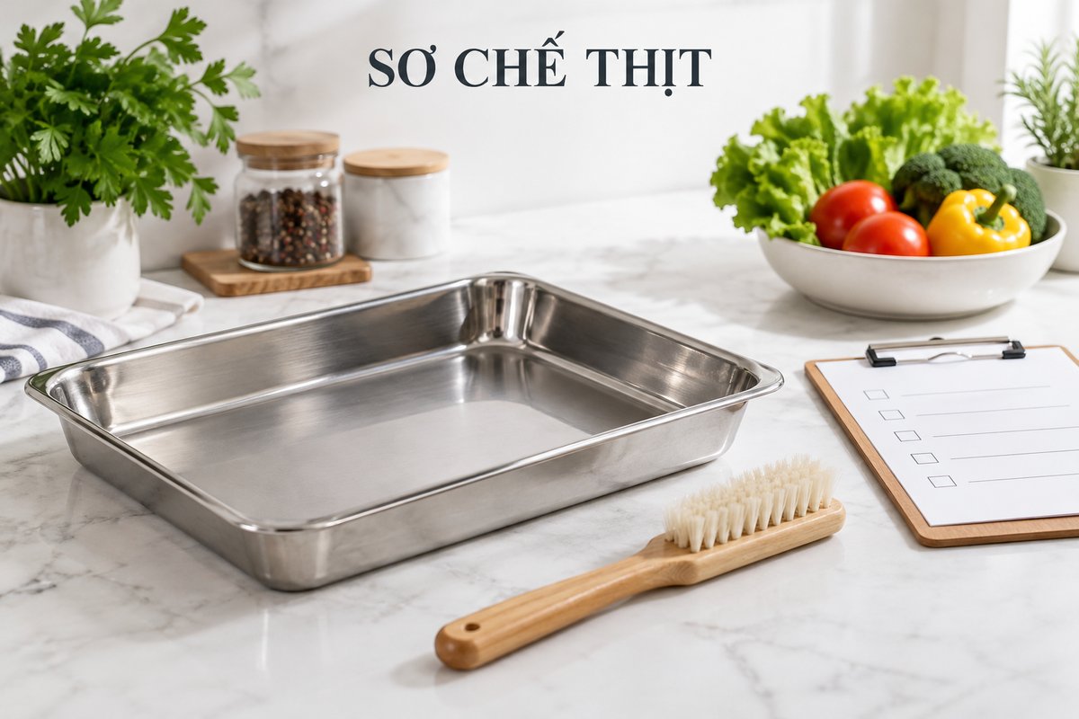 Khay nhận và dụng cụ làm sạch ở khu sơ chế