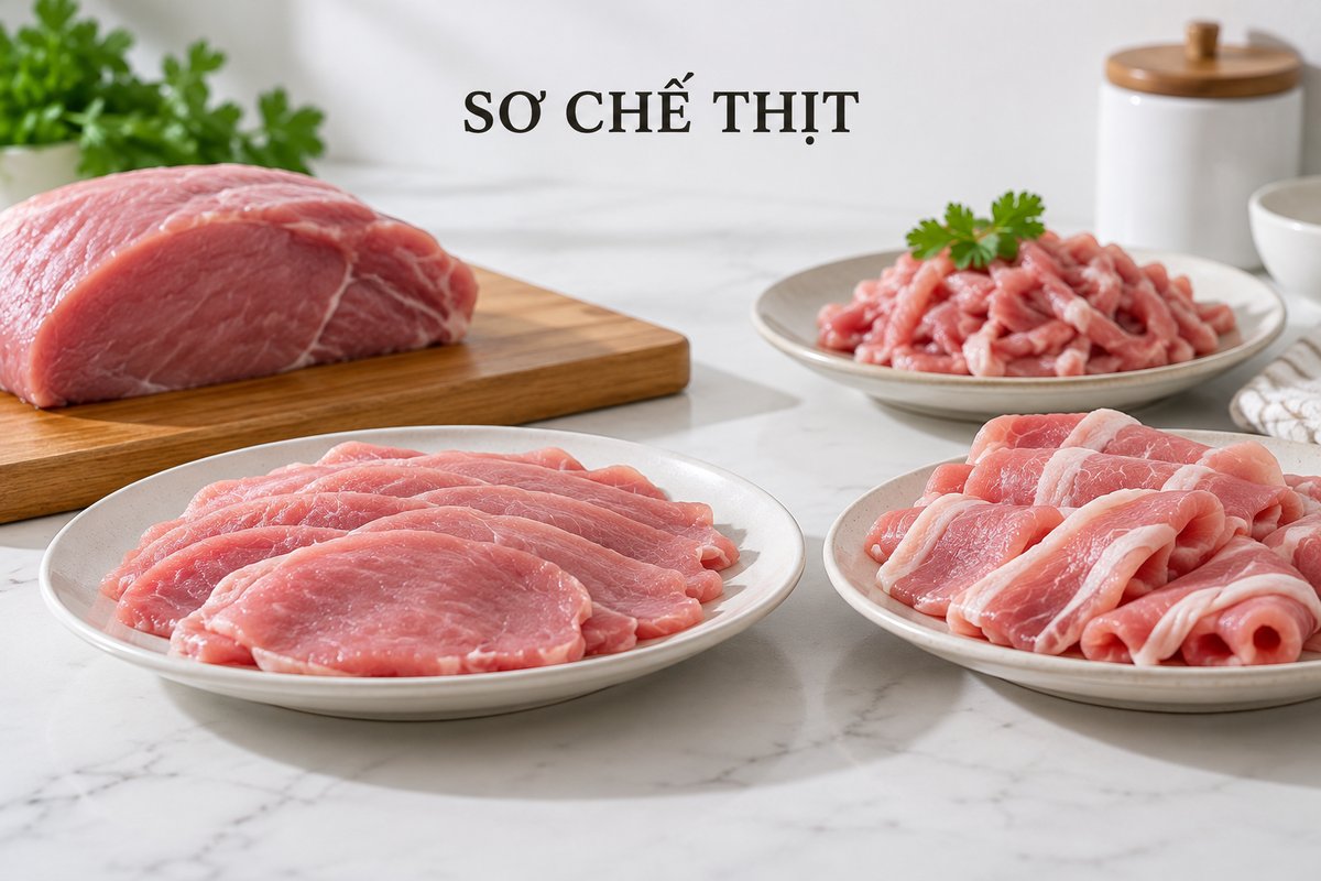 Nguyên liệu thịt và các lát cắt trong khay riêng