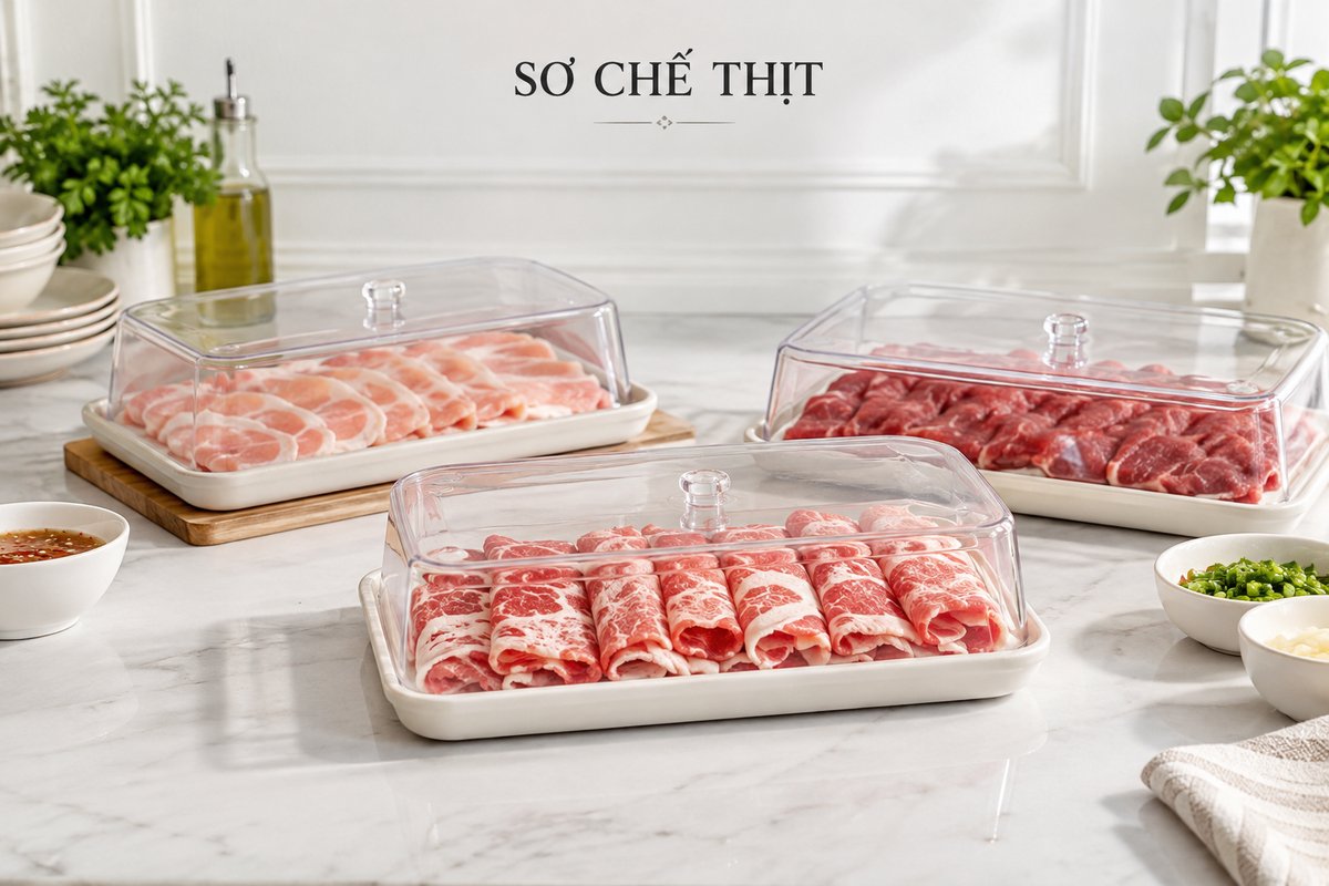 Khay thịt đã sơ chế chuẩn bị cho bếp ăn