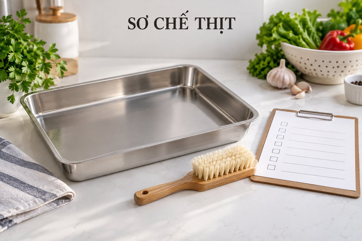 Khay nhận và dụng cụ làm sạch ở khu sơ chế