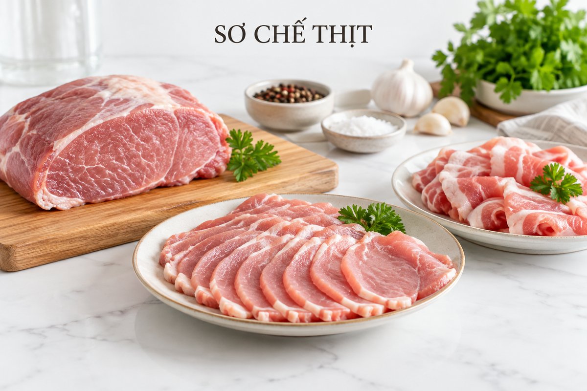 Nguyên liệu thịt và các lát cắt trong khay riêng