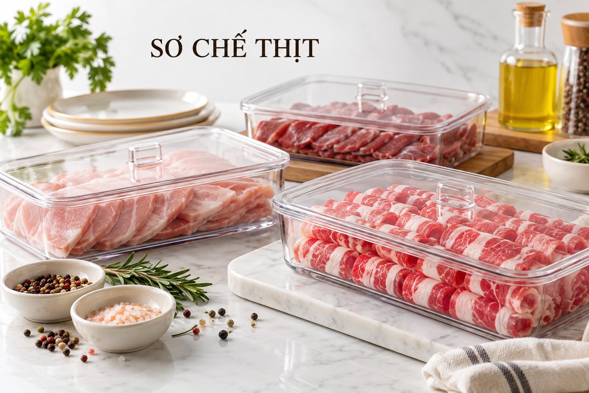 Khay thịt đã sơ chế chuẩn bị cho bếp ăn
