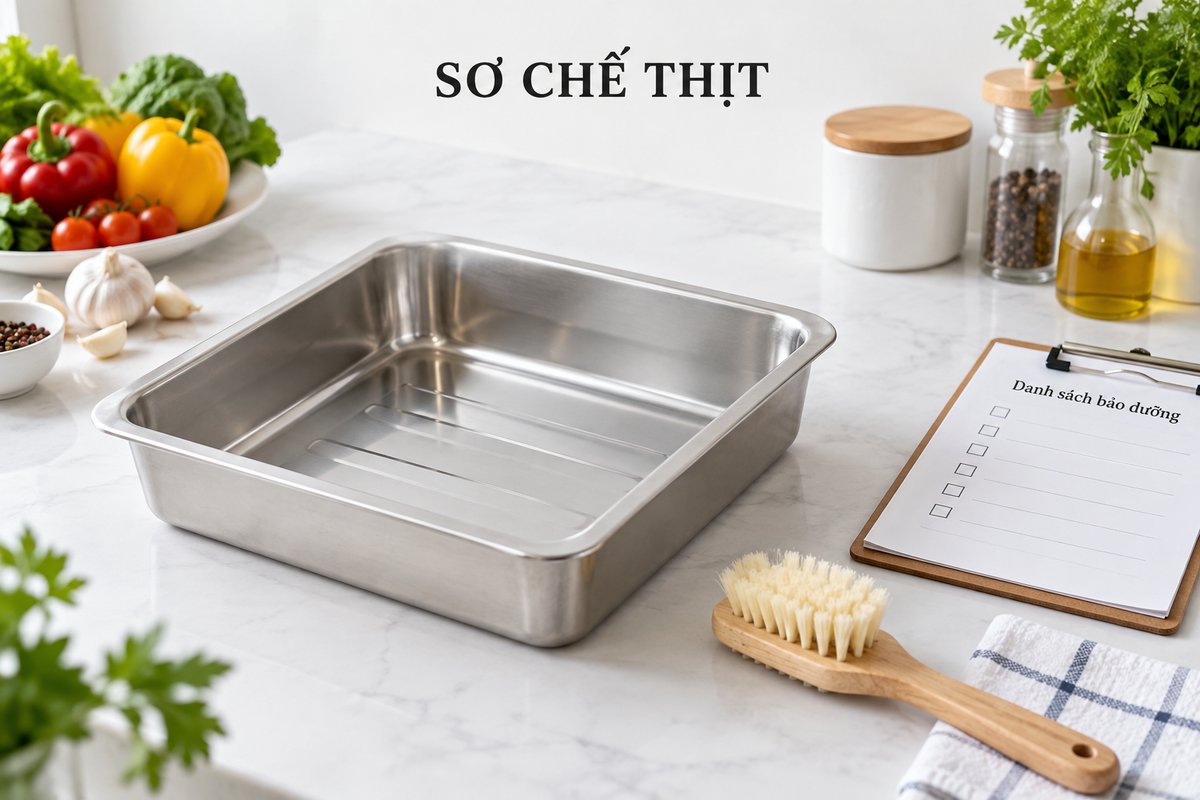 Khay nhận và dụng cụ làm sạch ở khu sơ chế