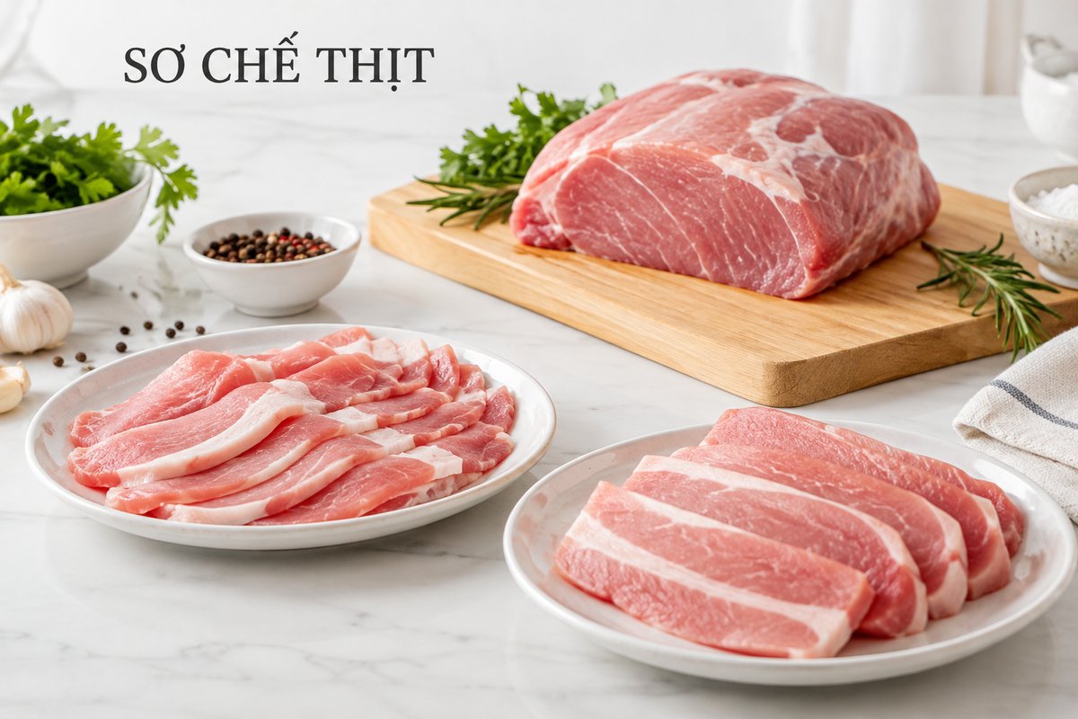 Nguyên liệu thịt và các lát cắt trong khay riêng
