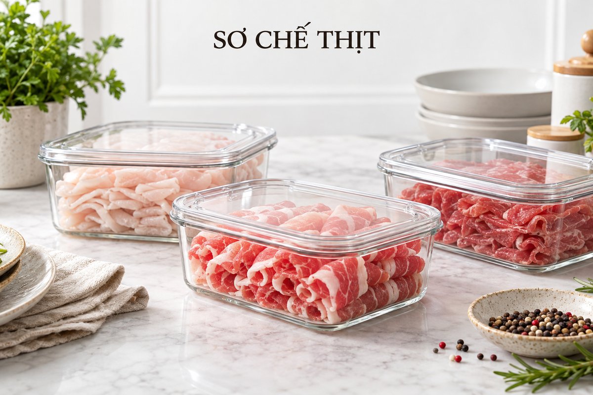 Khay thịt đã sơ chế chuẩn bị cho bếp ăn