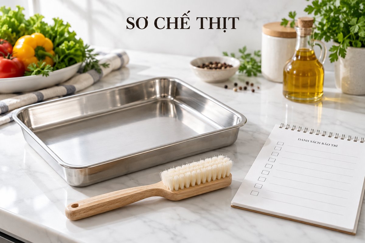 Khay nhận và dụng cụ làm sạch ở khu sơ chế