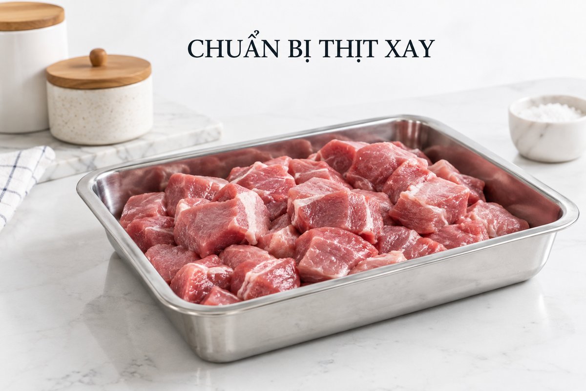 Nguyên liệu thịt chia miếng trên bàn sơ chế