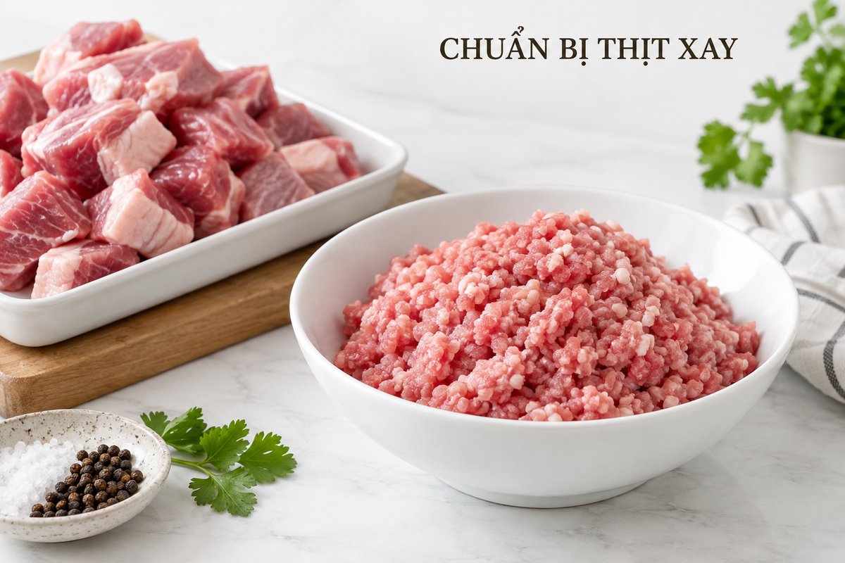 Thịt xay và nguyên liệu chuẩn bị trong khay riêng
