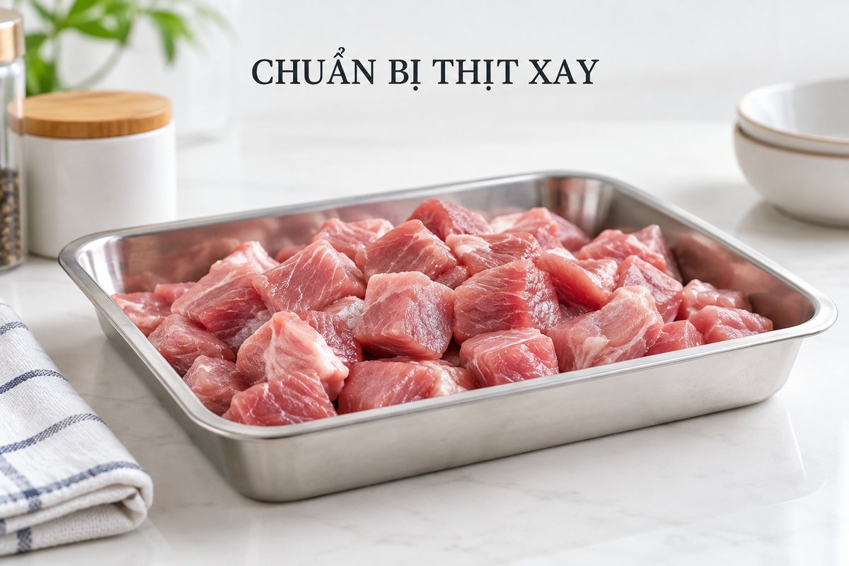 Nguyên liệu thịt chia miếng trên bàn sơ chế