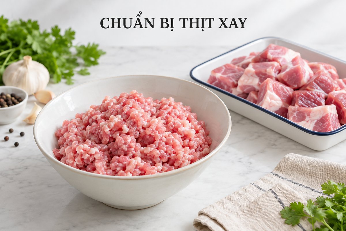 Thịt xay và nguyên liệu chuẩn bị trong khay riêng